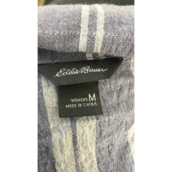 🪻 Eddie Bauer M Linen Blend Blue White Striped Button Shirt - Picture 4 of 4